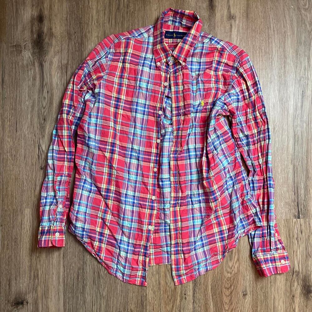 ralph lauren vibrant red and blue western plaid button-up shirt size medium